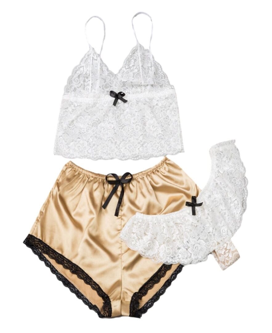 Satin and Lace Three Piece Sleepwear Set by My Secret Drawer® mysecretdrawer.co