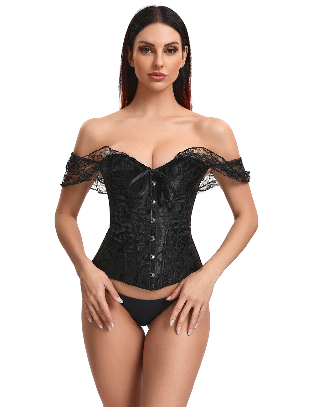Elegant Black Off-Shoulder Lace Victorian Corset With Panties by My Secret Drawer® mysecretdrawer.co