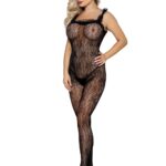 Black Open-crotch Floral Bodystocking with Ruffles