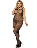 Black Open-crotch Floral Bodystocking with Ruffles