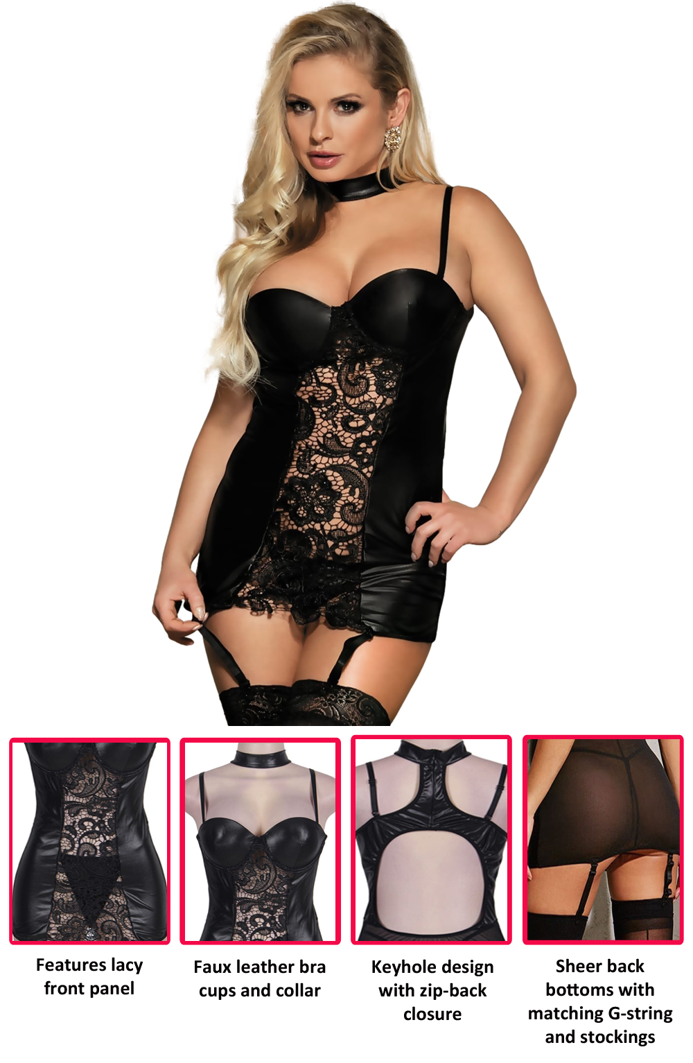 Commanding Black Faux Leather Collared Chemise by My Secret Drawer® mysecretdrawer.co 3